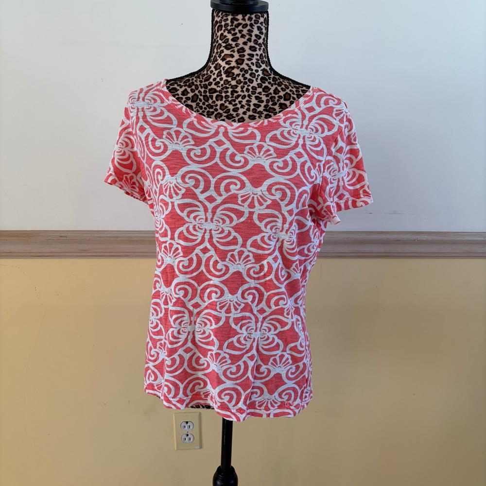 Vineyard Vines Womens Coral White Geometric Shell Print Slub Knit T-Shirt‎ Sz S